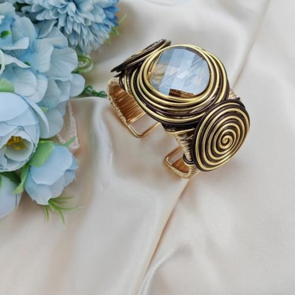 Bohemian Wire Wrapped‎ Cuff Bracelet Gold Bronze Tone Faceted Crystal Statement